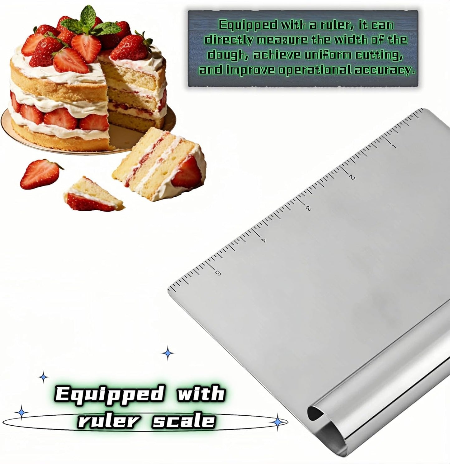 Stainless Steel Dough Scraper with Measuring Scale - Multi-Purpose Kitchen Tool for Baking, Pizza, Grilling, Pastry Cutter & Vegetable Chopper | Ergonomic Handle & Rust-Proof Design