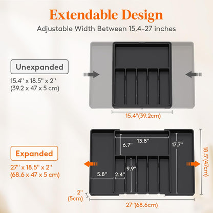 Lifewit Silverware Drawer Organizer, Expandable Utensil Tray for Kitchen, BPA Free Flatware and Cutlery Holder, Adjustable Plastic Storage for Spoons Forks Knives, 11-18 x 14", Black