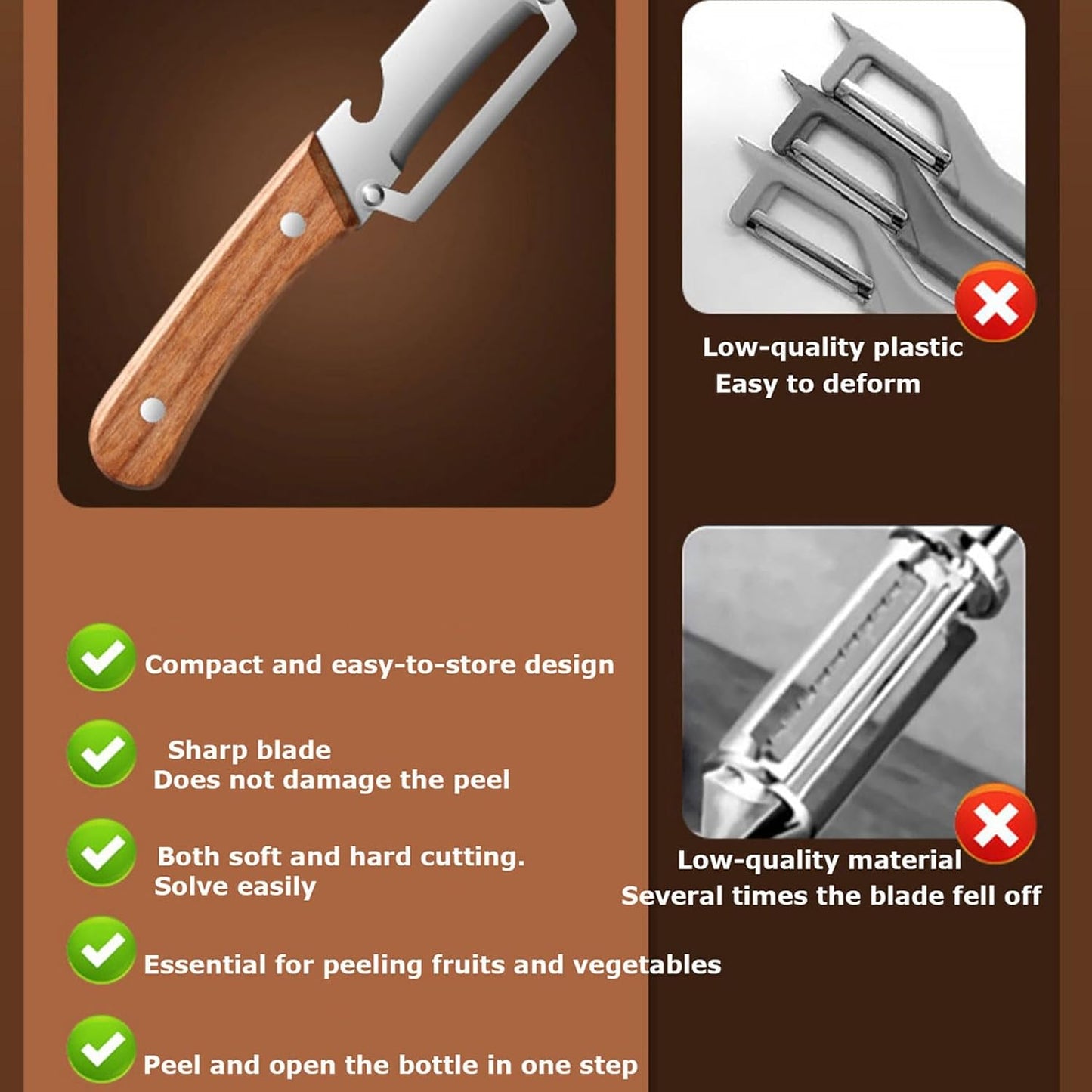 Multifunctional Vegetable Peeler,Zero Flex Peeler with Wooden Handle and Bottle Opener,Stainless Steel Kitchen Tool Suitable for All Kinds Of Vegetables and Fruits(2 PCS)