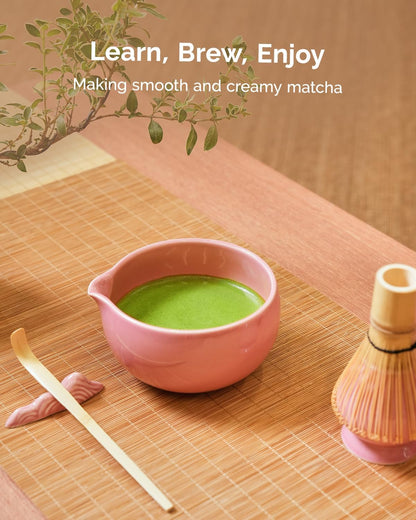 Maestri House Matcha Whisk Set, 7-Pc Complete Matcha Kit with Spouted Ceramic Bowl, Bamboo Whisk and Holder, Scoop, Spoon Rest & Sifter, Tea Cloth – Ideal Gift for Matcha Lovers (Green)