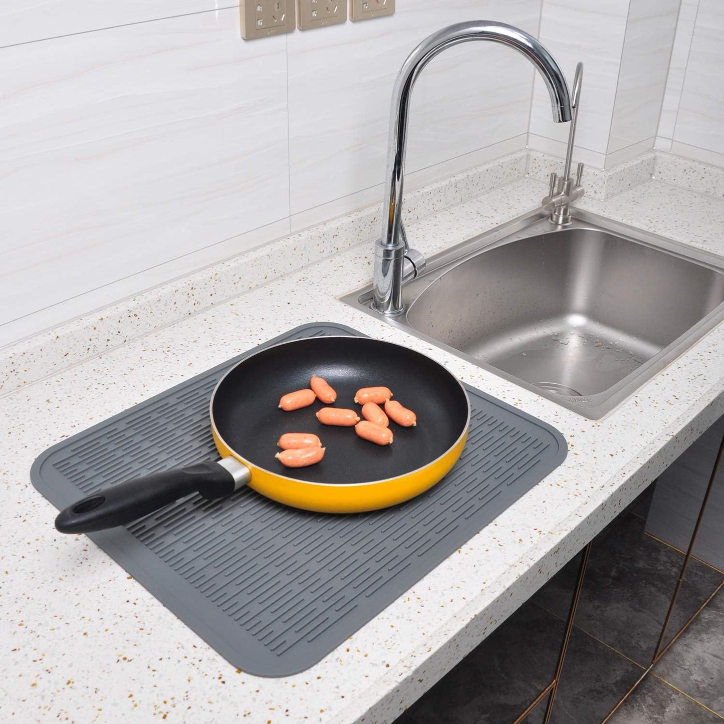 Extra Large Silicone Trivet Heat Resistant Mat 18'' x 16'' set of 2 Dish Drying Mats kitchen Counter Rack Sink Drainer Pad Hot Pot Trivet Dishwasher Safe (grey)