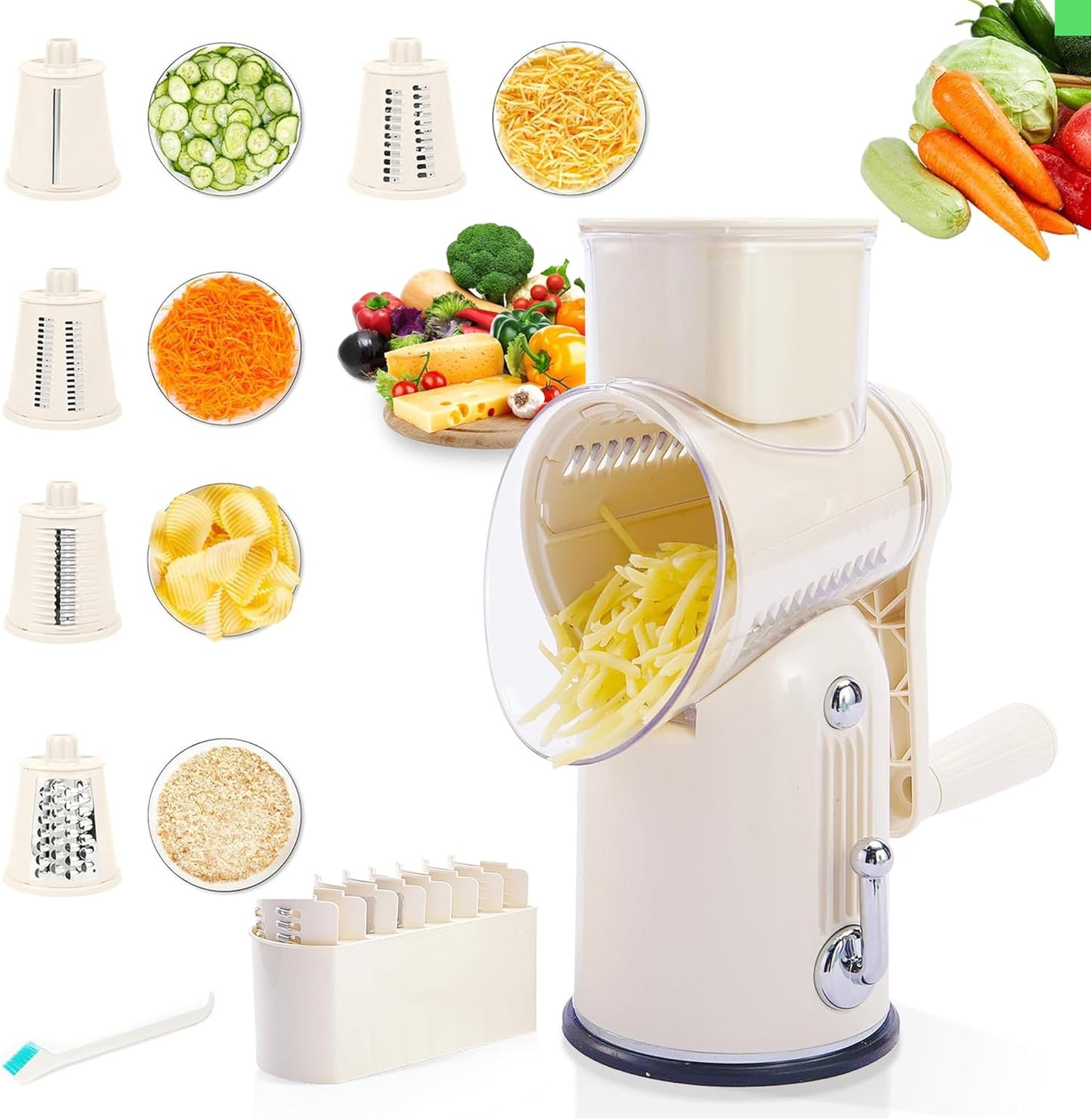 Rotary Cheese Grater with Handle – Multi-Purpose Vegetable Shredder with 5 Interchangeable Blades, Strong Suction Base & Storage Box – Round Mandoline Slicer and Food Chopper for Kitchen