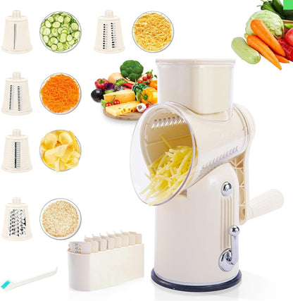 Rotary Cheese Grater with Handle – Multi-Purpose Vegetable Shredder with 5 Interchangeable Blades, Strong Suction Base & Storage Box – Round Mandoline Slicer and Food Chopper for Kitchen