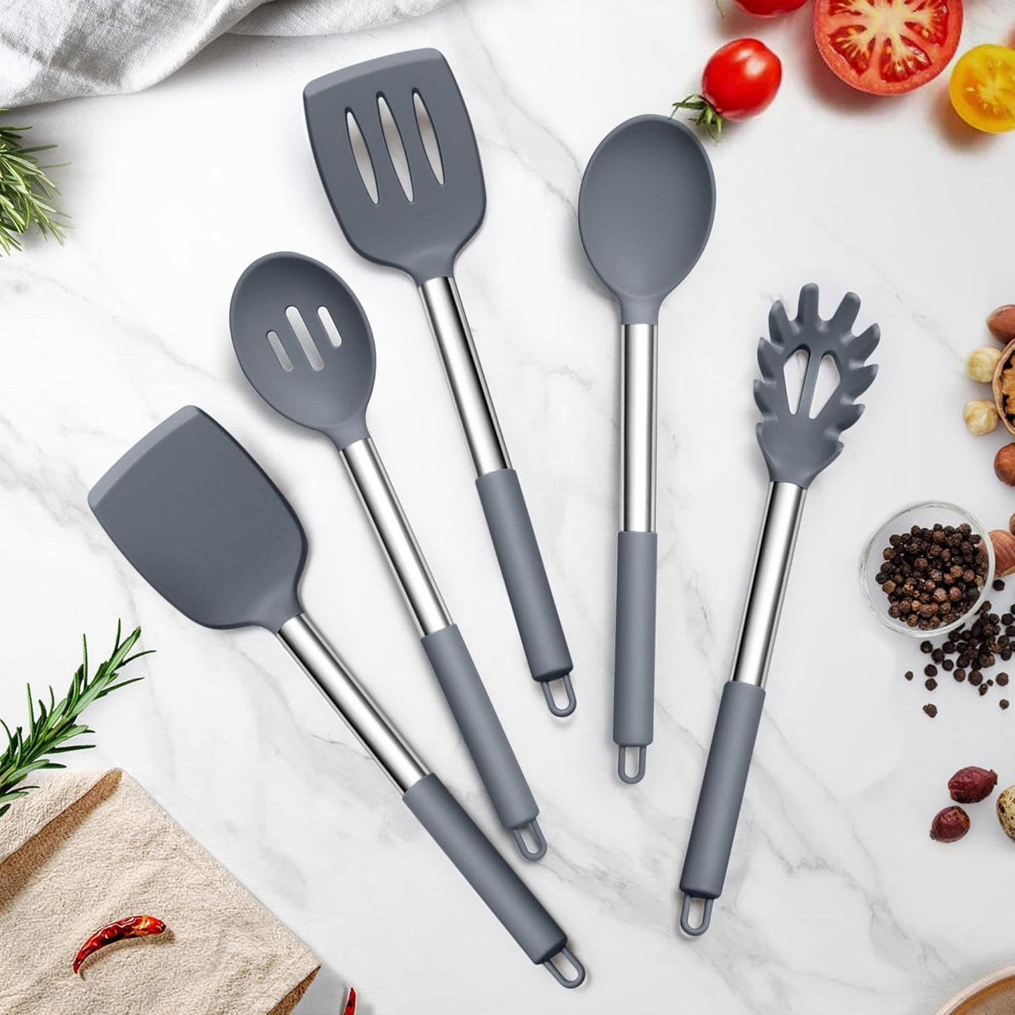 TeamFar Cooking Utensils Set, 5 PCS Silicone Kitchen Utensils with Stainless Steel Handle, for Nonstick Cookware Flipping Frying Turning Draining, Heatproof & Healthy, Nonstick & Easy Clean, Black