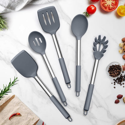 TeamFar Cooking Utensils Set, 5 PCS Silicone Kitchen Utensils with Stainless Steel Handle, for Nonstick Cookware Flipping Frying Turning Draining, Heatproof & Healthy, Nonstick & Easy Clean, Black