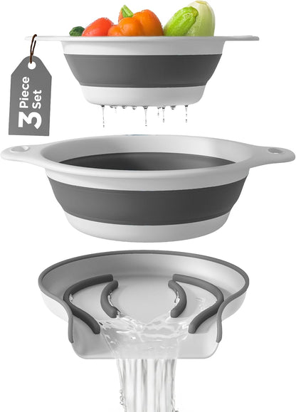 Collapsible Colanders (2 Pack Set) Food Strainers with Over-Sink Water Draining Base for Pasta Fruits and Vegetables (4 and 5 Quart) - White Beige