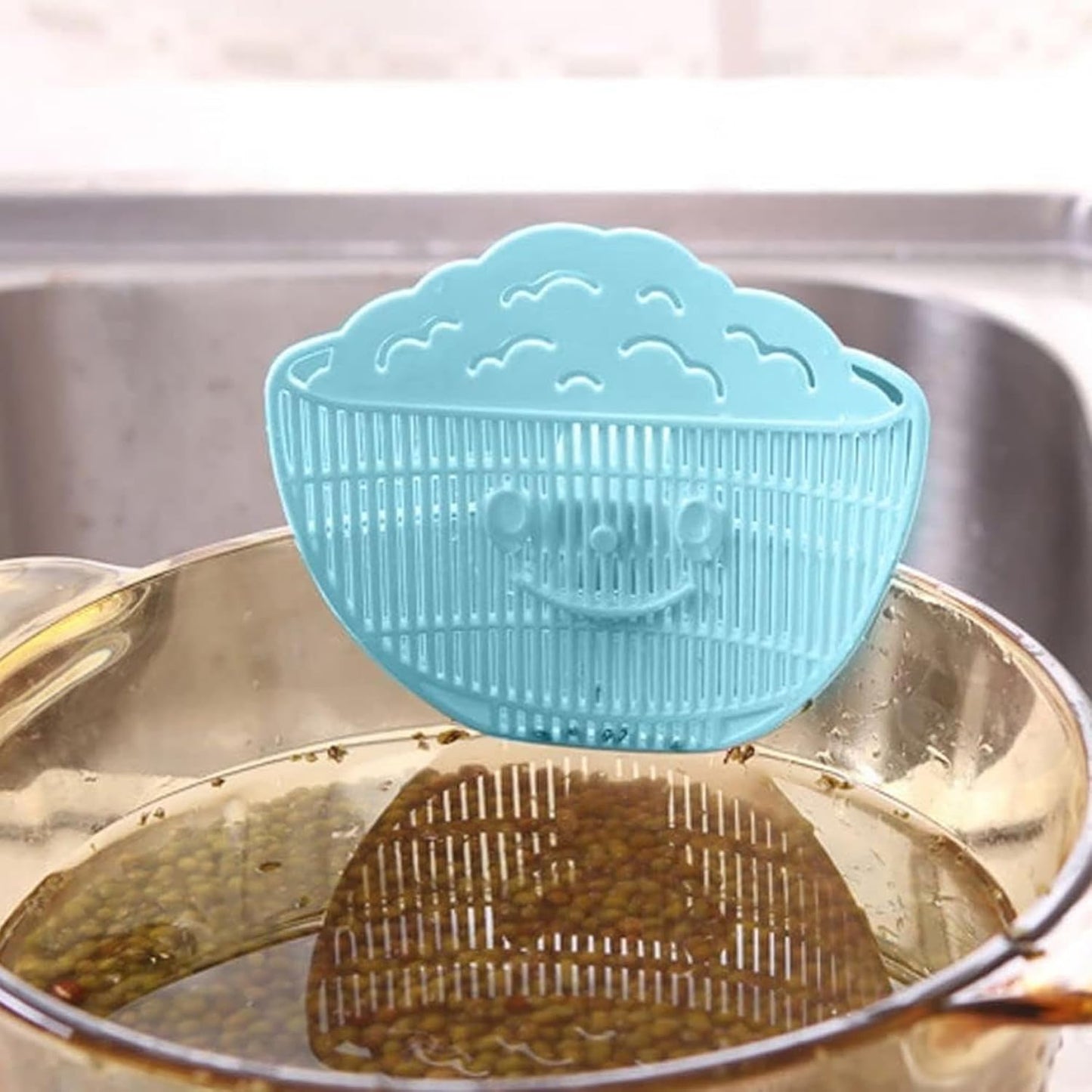 Clip on Strainer 4x5 Inch Food Grade PP "Rice in Bowl" Clip on Strainer for Pots with Smiling Expression for Rice/Noodle/Fruit/Vegetable Washing