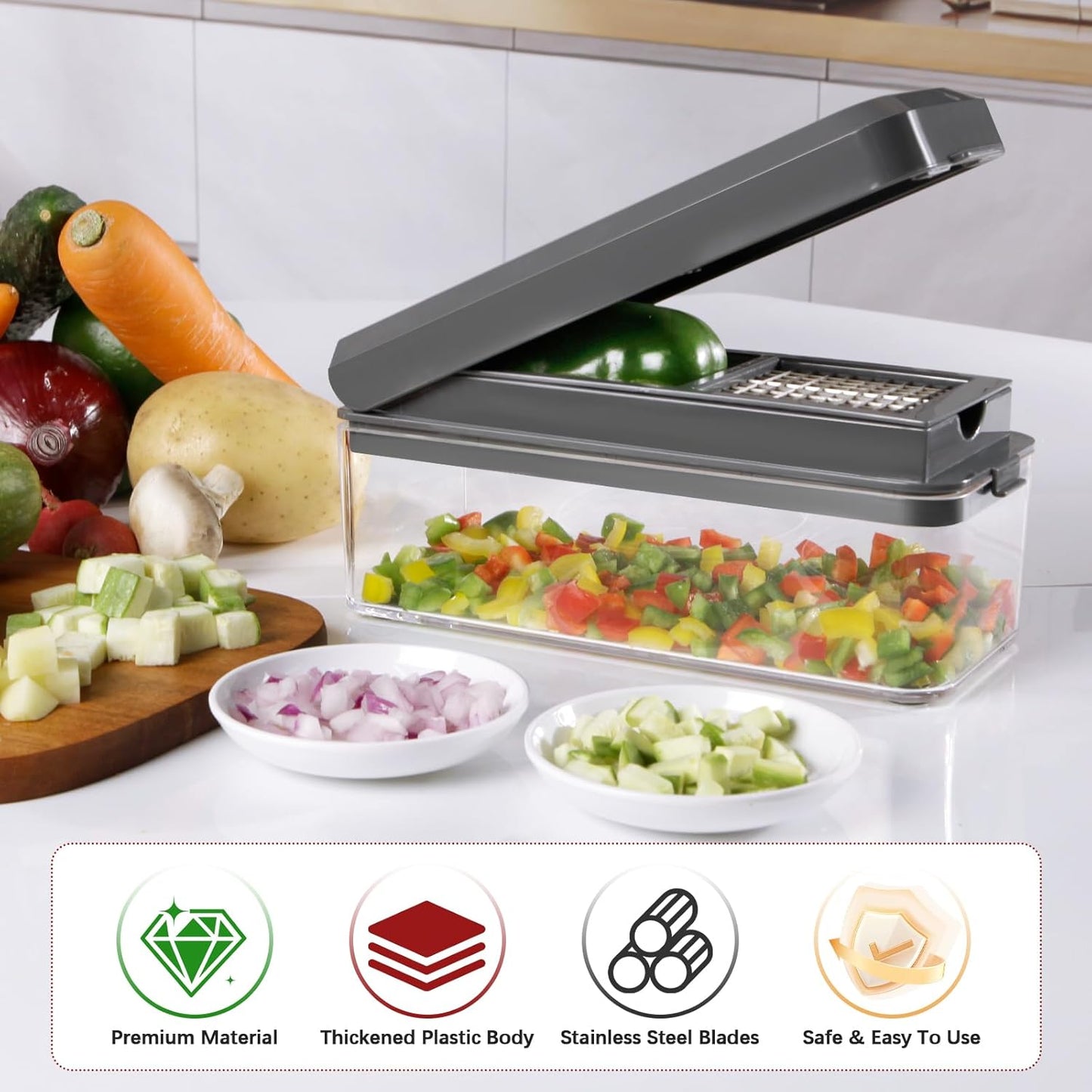 Vegetable Chopper, Onion Chopper Dicer, Mandoline Slicer, Food Chopper with Container, Vegetable Cutter for Salad Potato Carrot Garlic（2 Blades, Black）