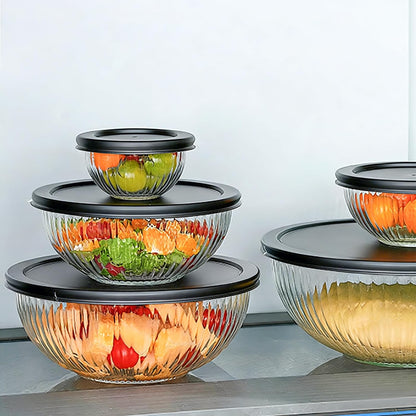 Glass Mixing Bowls with Lids Set(3.7QT,2.1QT, 1.1QT, 0.5QT), Nesting Space Saving Set of Bowls for Kitchen Cooking, Baking, Prepping, Dishwasher Safe Salad Bowls (Black)