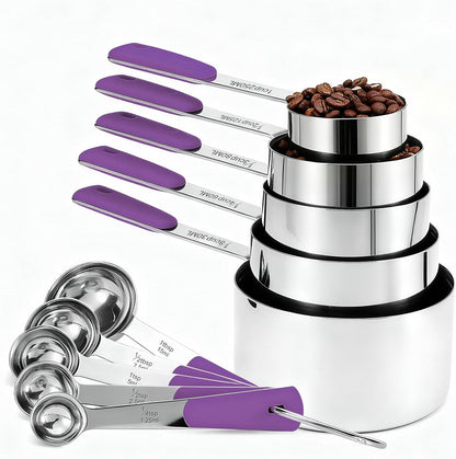 Bopei Measuring Cups and Spoons Set Stainless Steel 10 Piece for Cooking and Baking (5 Cups + 5 Spoons, Colorful Handles)