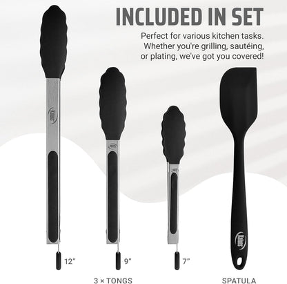 Kaluns Kitchen Tongs for Cooking Grilling Set of 4, BBQ Grill Tongs With Silicone Tip Stainless Steel Heat Resistant, Non-stick Pull Lock, Incl 7, 9, 12 Inch Tong Plus a Silicone Spatula