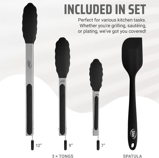 Kaluns Kitchen Tongs for Cooking Grilling Set of 4, BBQ Grill Tongs With Silicone Tip Stainless Steel Heat Resistant, Non-stick Pull Lock, Incl 7, 9, 12 Inch Tong Plus a Silicone Spatula