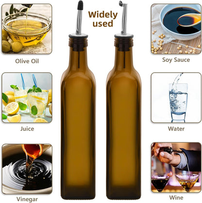 17oz 4 Pcs Olive Oil Dispenser Bottle,500ml Glass Oil and Vinegar Dispenser Set with 4 Stainless Steel Pourers, 8 Labels,Funnel Oil Bottles for Kitchen (Brown)