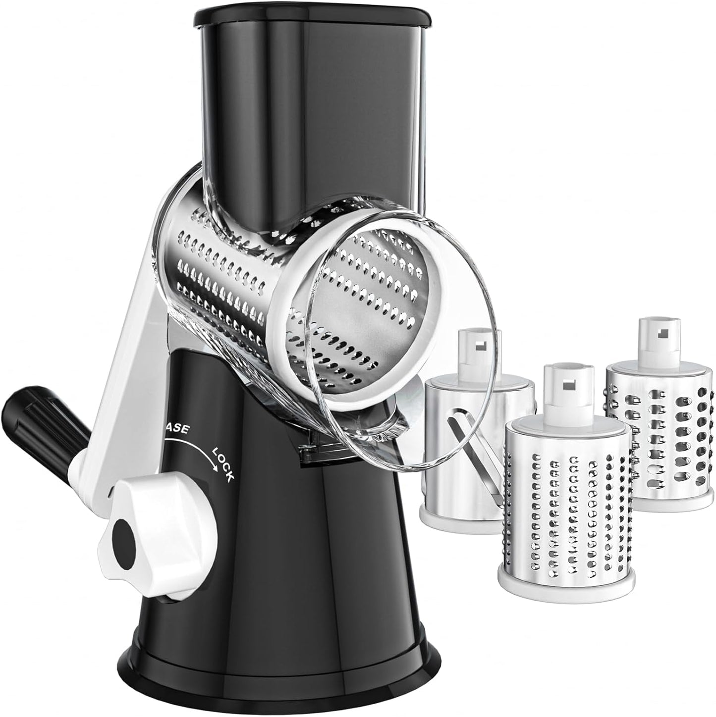 Rotary Cheese Grater with Handle, Round Mandoline Speed Kitchen Slicer, 3 in 1 Multifunctional Vegetable Shredder Manual Nut Grinder for Nuts, Potato, Carrot, Cucumber (Pink)