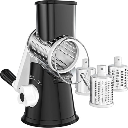 Rotary Cheese Grater with Handle, Round Mandoline Speed Kitchen Slicer, 3 in 1 Multifunctional Vegetable Shredder Manual Nut Grinder for Nuts, Potato, Carrot, Cucumber (Pink)