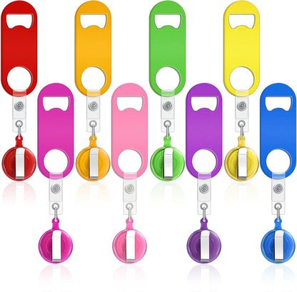 Honoson 8 Pieces Retractable Flat Bottle Opener Bartender Beer Opener with Round Badge Reel Clips Holder Bar Keys for Bartender Gifts Kitchen Home Party Supplies (Classic,Multicolor)