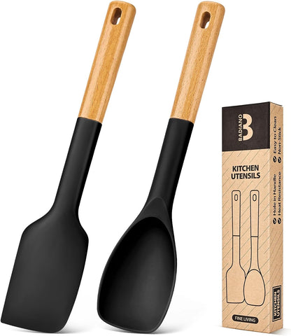 Silicone Spatula and Spoonula Set, Great For Stirring, Tough Mixing and Folding, Sturdy Bpa-Free Matte Silicone, Wooden Handle Rubber Scraper For Nonstick Cookwares (Grey)