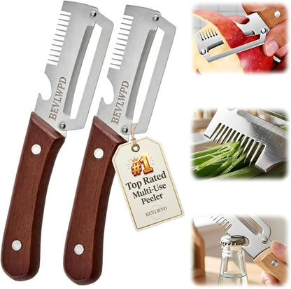 3-in-1 Scallion Shredder & Peeler Kitchen Multi-function Stainless Steel Thickened Fruit Peeling Knife Vegetable Wooden Handled Cutter Tool Zero Flex Veggie Carrot Cabbage Potatoes Peelers(2PCS)