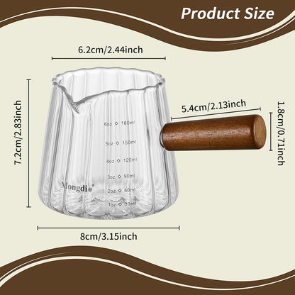 Mongdio 6OZ Espresso Measuring Cup with Wooden Handle, Glass Measuring Cup with Dual Scale Markings, Espresso Shot Cups, Milk Frothing Pitcher for Coffee, Milk