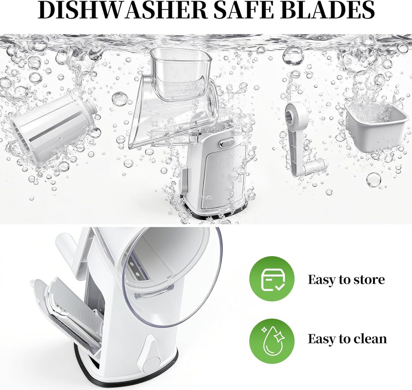 Cheese Grater Hand Crank with Integrated Storage Room, 5 Blades Cheese Grater Rotary with Handle, Potato Shredder, Kitchen Shredder for Vegetable, Fruit, Nut, Non-Slip Suction Base
