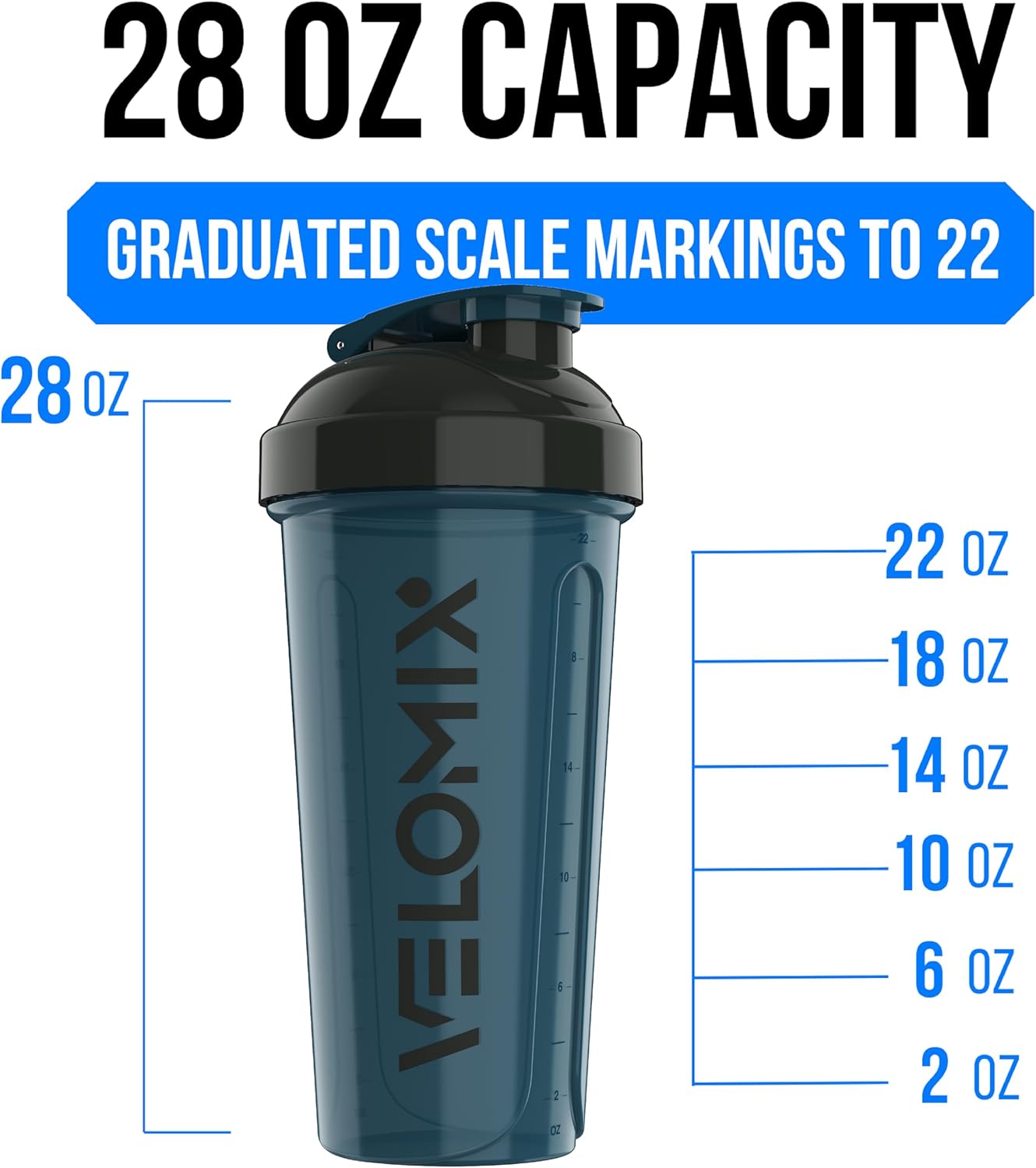 VELOMIX -2 Pack- 28 oz Protein Shaker Bottles for Protein Mixes - 2x Wire Whisk | Leak Proof Shaker Cups for Protein Shakes | Protein Shaker Bottle Pack (Black/Transparent)