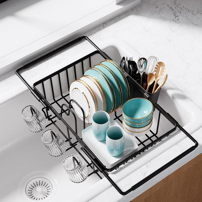 Sakugi Dish Drying Rack in Sink - Expandable Stainless Steel Dish Rack Over the Sink, Kitchen Sink Drain Strainer with Cutlery Holder & Cup Holders, 15.4 x 9.8 x 3.0 Inch, Silver