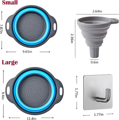 Collapsible Colander Set with 2 Stainless Steel Hooks & 2 Silicone Funnels, Foldable Kitchen Strainer Basket for Pasta and Vegetables, Space Saving RV & Camping Kitchen Accessories – Blue