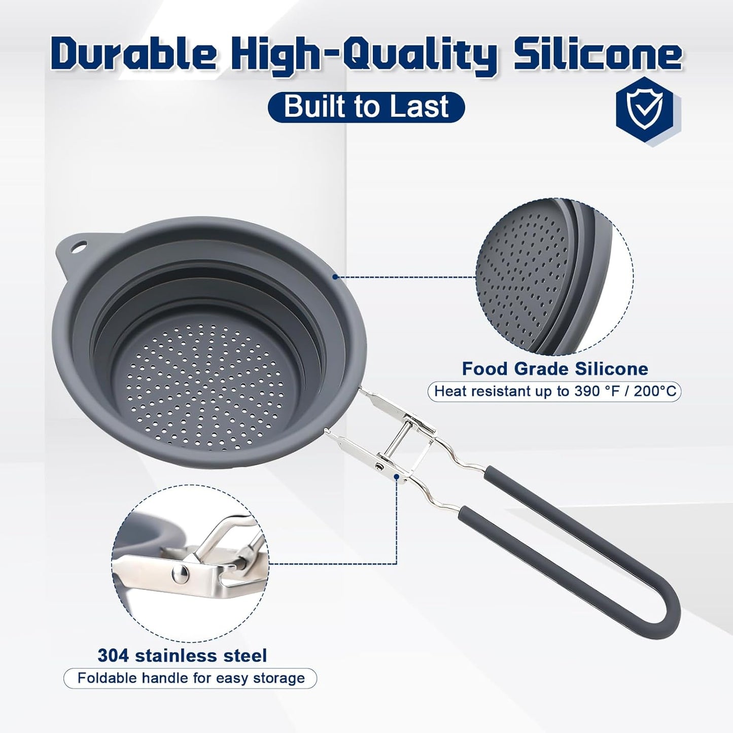 Collapsible Colander with Handle, 17cm Silicone and Stainless Steel Strainer for Pasta Vegetables Fruits, Foldable Space-Saving Kitchen Strainer Basket, Dishwasher Safe ﻿