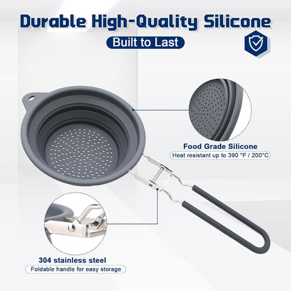 Collapsible Colander with Handle, 17cm Silicone and Stainless Steel Strainer for Pasta Vegetables Fruits, Foldable Space-Saving Kitchen Strainer Basket, Dishwasher Safe ﻿