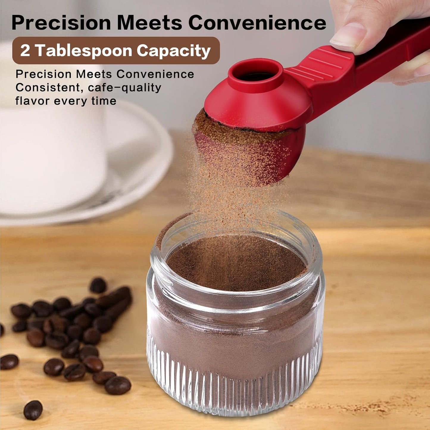 2-in-1 Coffee Scoop with Funnel, 2 Teaspoon Measuring Spoon for Reusable K Cups, Ground Coffee, Protein Powder & Tea, Mess-Free Plastic Design (Pink)