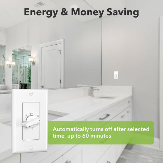 BN-LINK 60 Minute Spring Wound Bathroom Fan Timer Switch, Mechanical Countdown Light Switch Timer for Exhaust Fan & Lights, No Neutral Required, Wall Plate Included, ETL Listed, 1 Pack