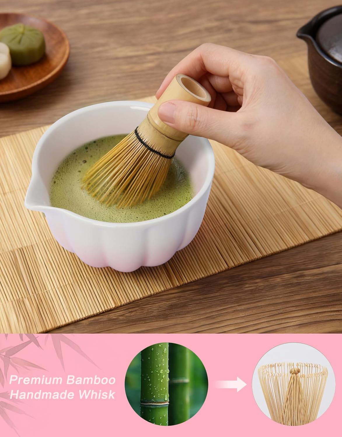 Matcha Whisk Set, 7 Pcs, Matcha Kit Includes Matcha Bowl, Matcha Whisk and Holder, Bamboo Scoop, Spoon, Sifter and Tea Towel, Matcha Set, Gift for Matcha Lovers & Beginners (Pink)