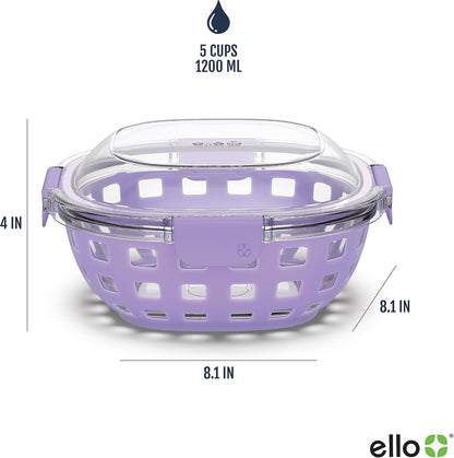 Ello DuraGlass Food Storage Glass Lunch Bowl - Meal Prep Container with Silicone Sleeve and Airtight Lid, 5 Cup, Yucca