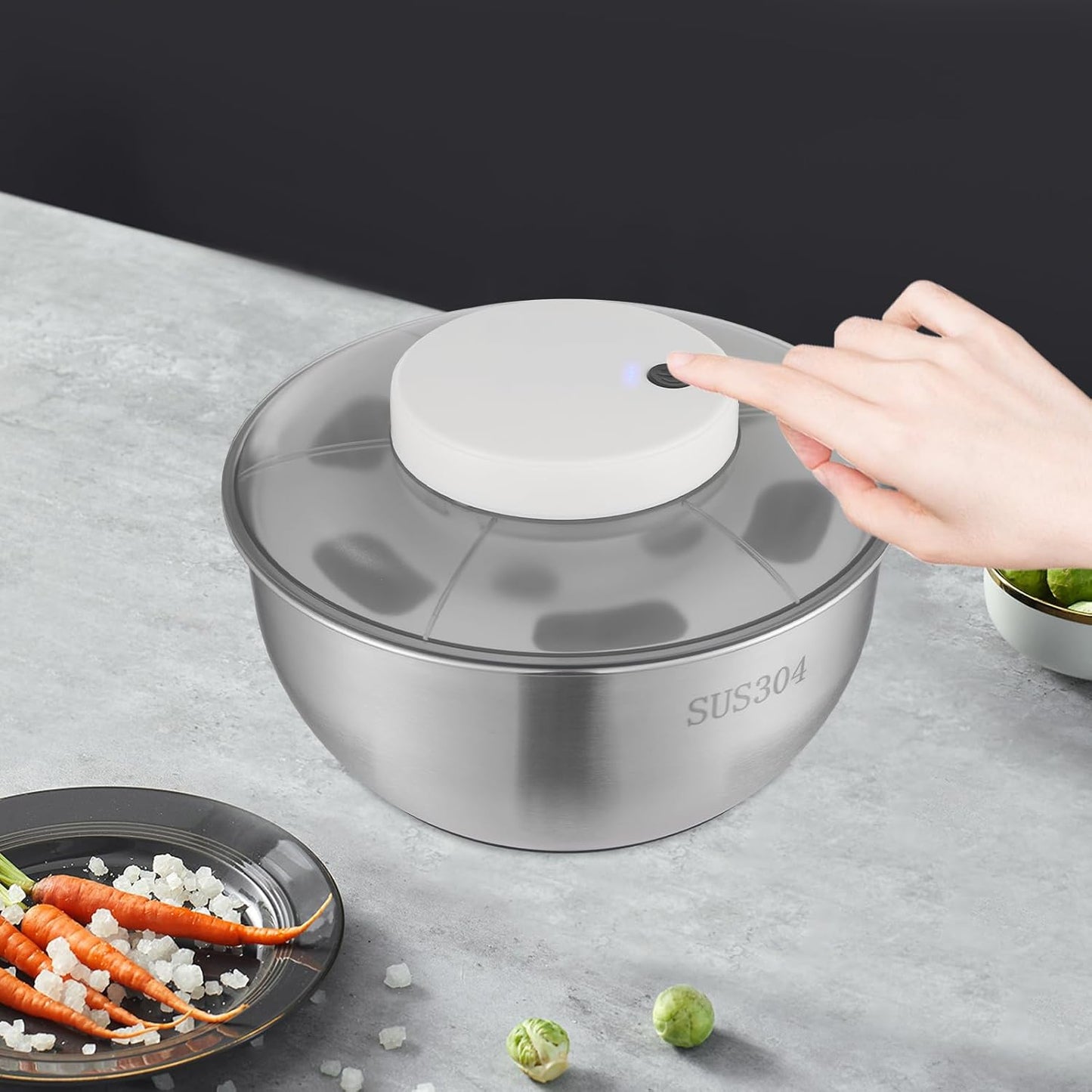 Stainless Steel Electric Salad Spinner Countertop Fruit Vegetable Washer Dryer Vegetable Dehydrator w/Bowl & Colander Lettuce Spinner for Draining Dehydrating Storing Vegetables, 5.12*6.30''