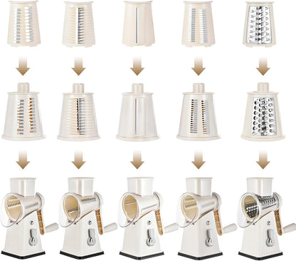 Xilrvna RotaryCheeseGrater,VegetableShredder 5 in 1 Cheese GraterwithHandleedderReinforcedSuction,EasytoClean,KitchenChopperforCrushedIce,Fruits and Nuts with Blade StorageCase（light green）