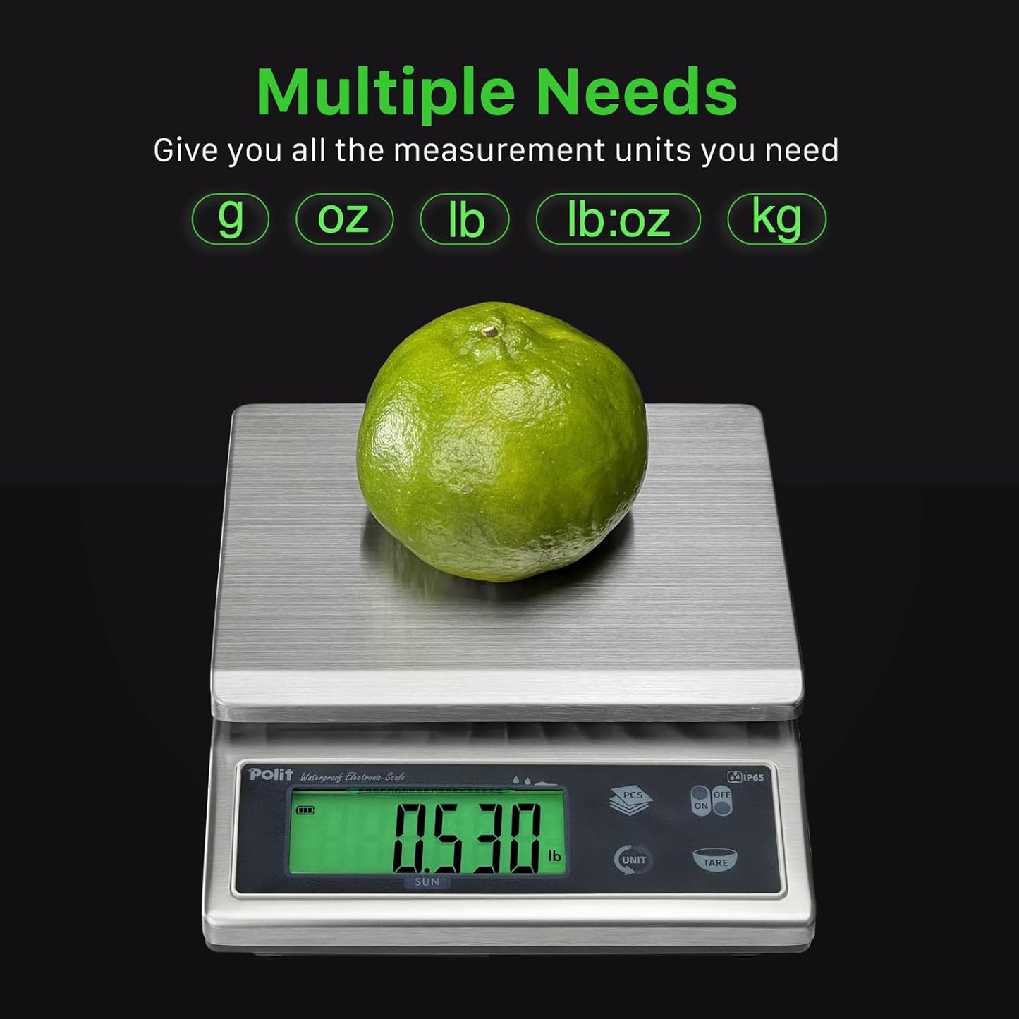 Polit Digital Kitchen Scale KT-66 30lb/13kg｜0.05oz/1g Precision Food Scale with LCD Display｜Battery or Plug-in｜Stainless Steel Top｜Grams, Ounces, Pounds｜5 Units for Baking, Farming & Shipping Scale