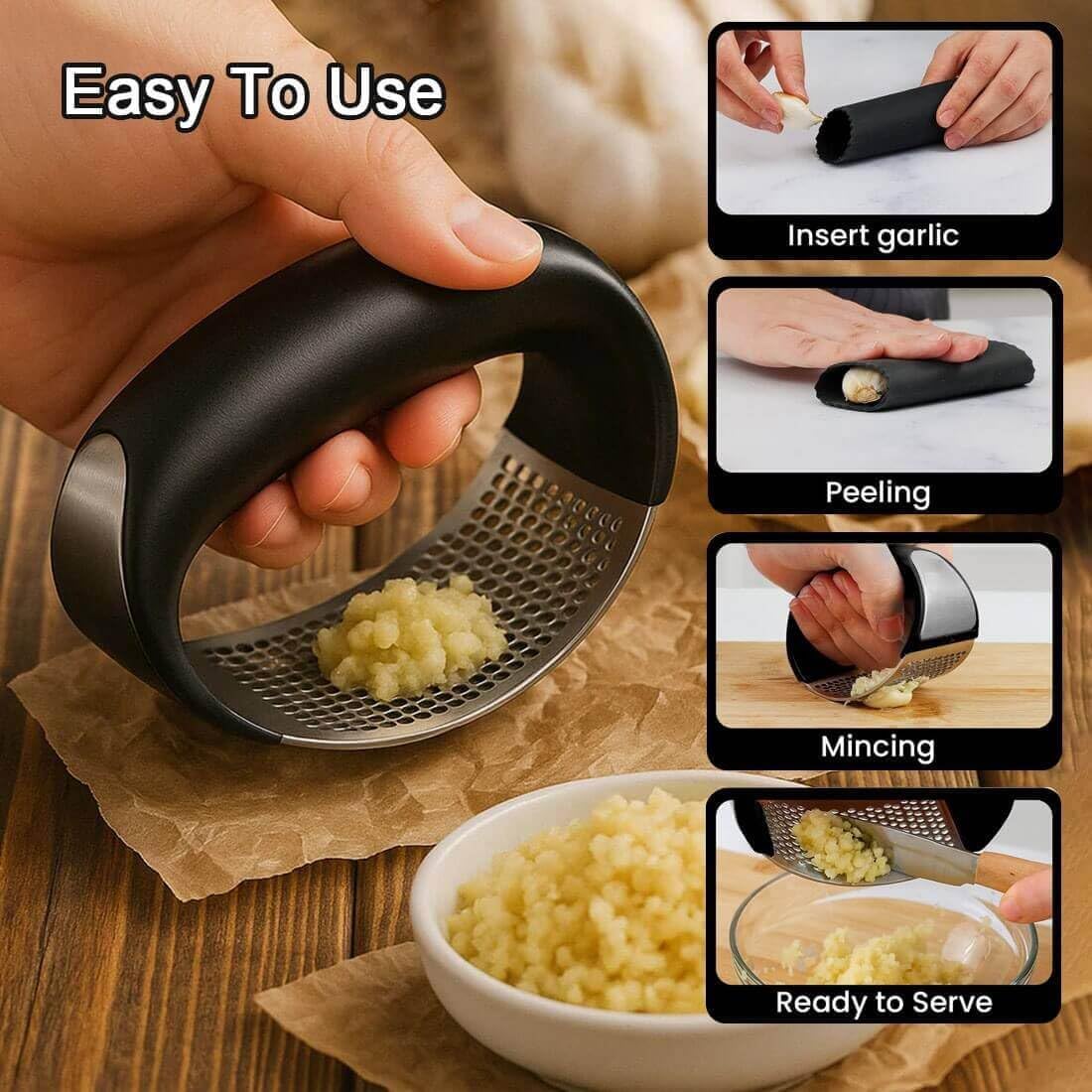 2026 New 430 Stainless Steel Ring Garlic Press – Heavy-Duty Garlic Rocker with Silicone Peeler & Cleaning Brush, Easy-Rinse Stainless Garlic Mincer Tool for Home Kitchens (Red)
