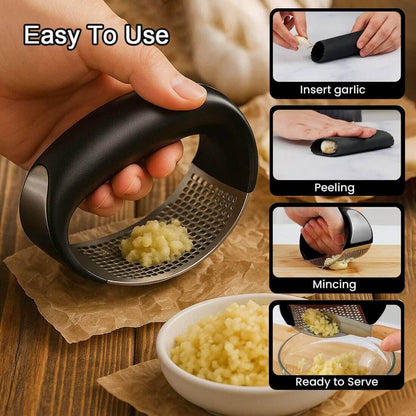 2026 New 430 Stainless Steel Ring Garlic Press – Heavy-Duty Garlic Rocker with Silicone Peeler & Cleaning Brush, Easy-Rinse Stainless Garlic Mincer Tool for Home Kitchens (Red)