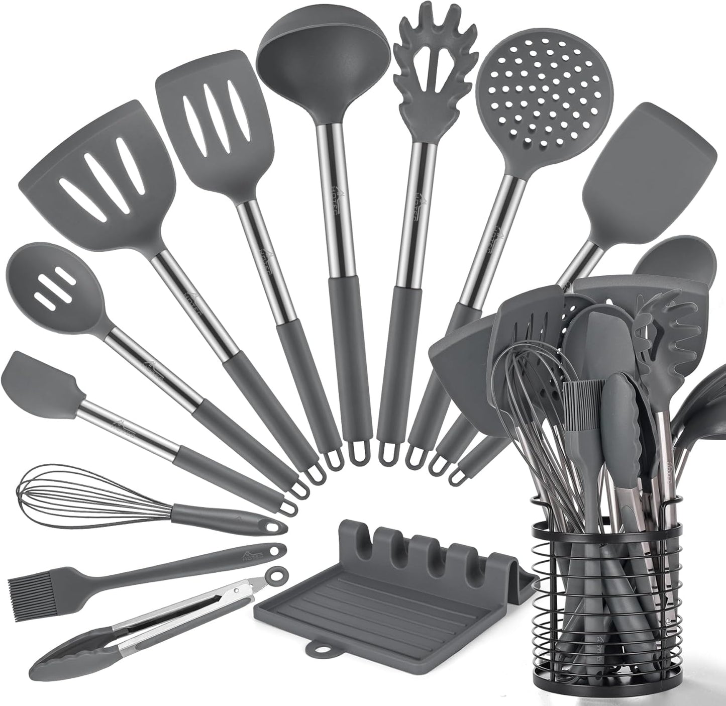HOTEC 446°F Heat Resistant Silicone Kitchen Utensils, Cooking Utensil Set, Spatula Set, BPA Free, Kitchen Gadgets, Utensils Holder, Dishwasher Safe, 14pcs Multicolor