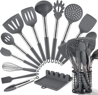 HOTEC 446°F Heat Resistant Silicone Kitchen Utensils, Cooking Utensil Set, Spatula Set, BPA Free, Kitchen Gadgets, Utensils Holder, Dishwasher Safe, 14pcs Multicolor