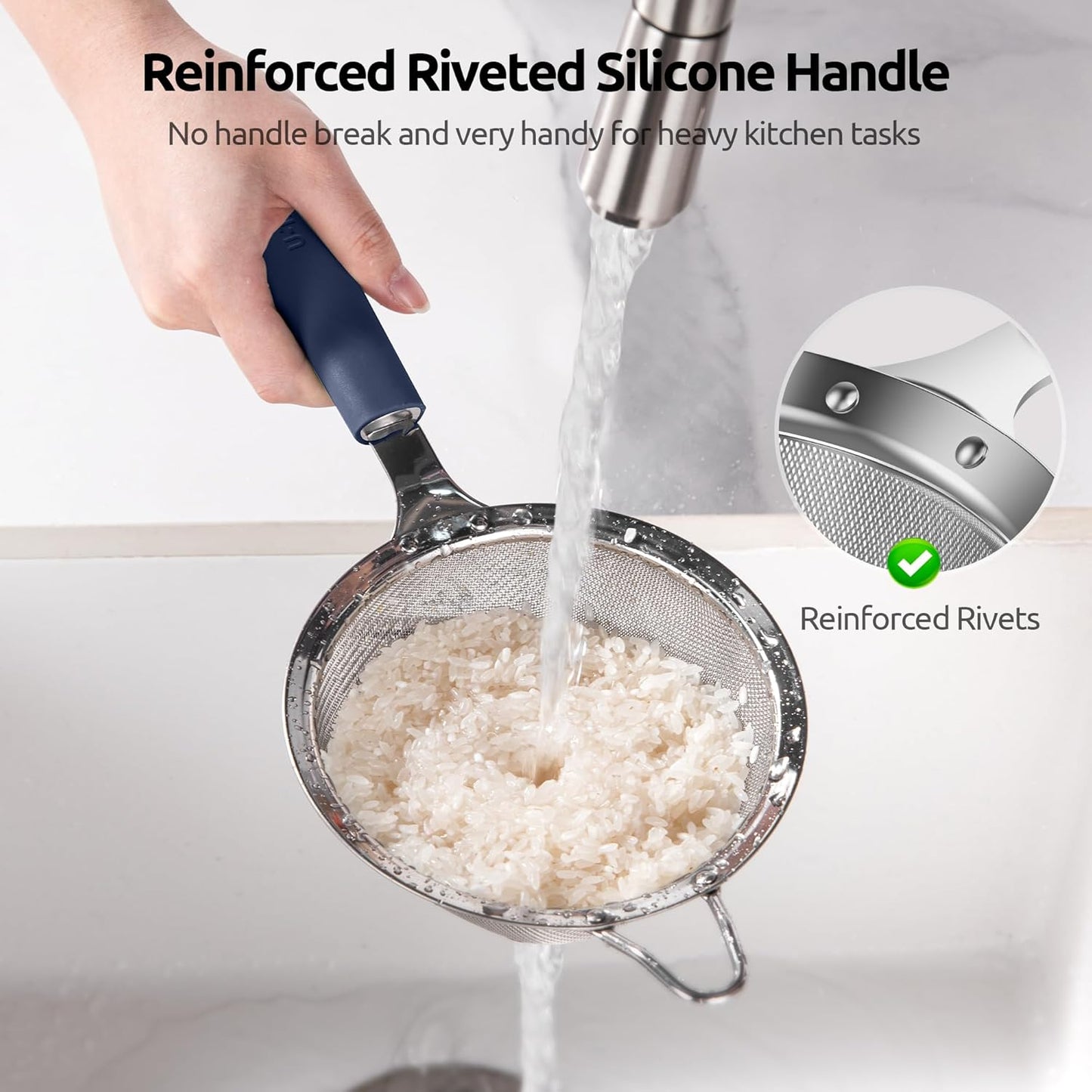 U-Taste Medium Fine Mesh Strainer: 18/8 Stainless Steel 4.73in 30 Mesh Kitchen Food Sieve with Sturdy Riveted Silicone Handle, Heavy Duty Deep Handheld Metal Colander for Rice, Quinoa, Flour (Black)
