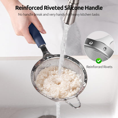 U-Taste Medium Fine Mesh Strainer: 18/8 Stainless Steel 4.73in 30 Mesh Kitchen Food Sieve with Sturdy Riveted Silicone Handle, Heavy Duty Deep Handheld Metal Colander for Rice, Quinoa, Flour (Black)