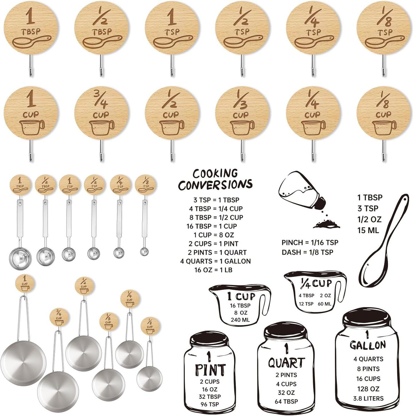 Measuring Cup and Spoon Organizer, 12 Pack Adhesive Wood Hooks for Hanging, Kitchen Hooks for Space Saving Storage