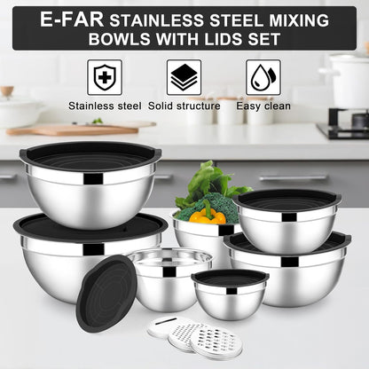 E-far Stainless Steel Mixing Bowls with Lids Set, 5-Piece Nesting Salad Bowls with 3 Grater Attachments and Non-Slip Bottoms, Size 4.6, 2.6, 2, 1.5, 1QT for Kitchen (Black)