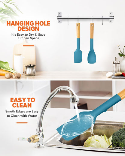 Silicone Spatula and Spoonula Set, Great For Stirring, Tough Mixing and Folding, Sturdy Bpa-Free Matte Silicone, Wooden Handle Rubber Scraper For Nonstick Cookwares (Grey)