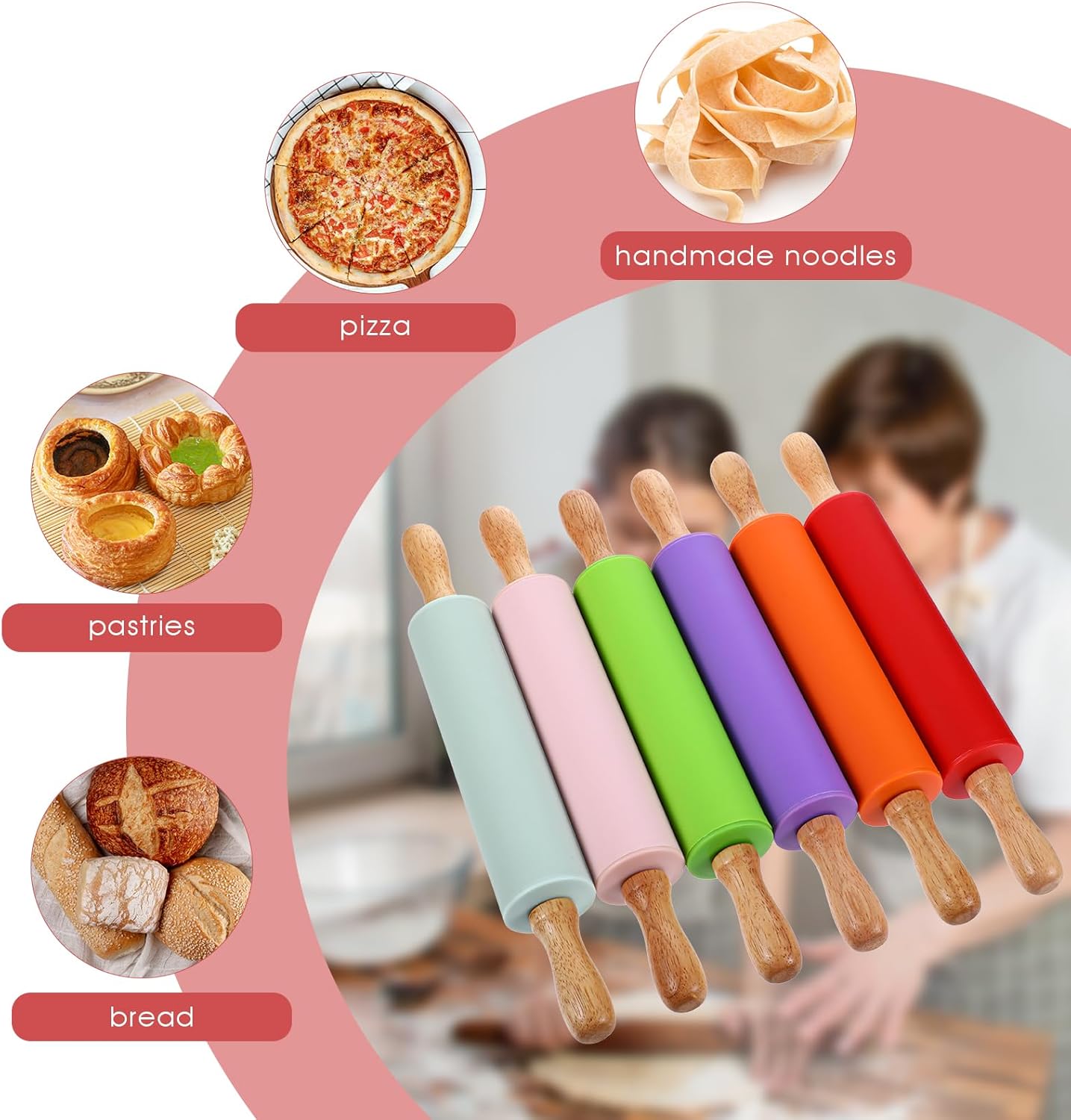 6 Pack Small Rolling Pins for Kids, Silicone Rolling Pin with Wooden Handle, Mini Rolling-Pins for Dough, Cookie, Pastry, 12 Inch (6 Colors)