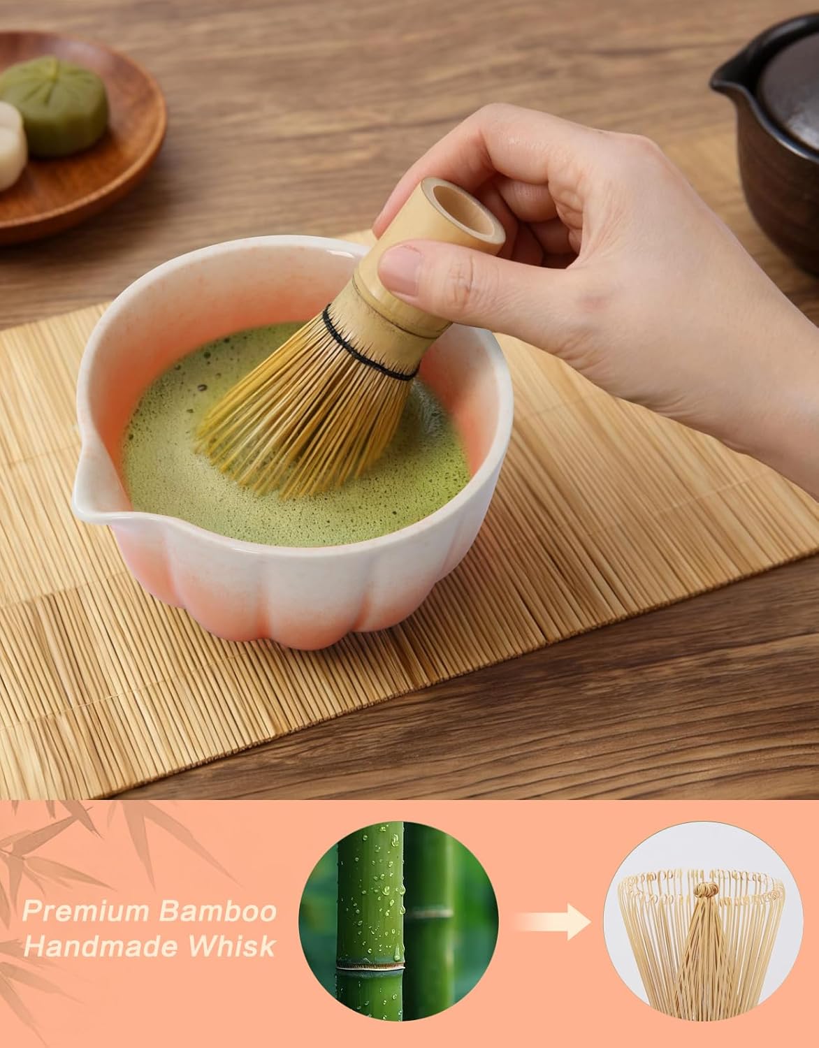 Matcha Whisk Set, 7 Pcs, Matcha Kit Includes Matcha Bowl, Matcha Whisk and Holder, Bamboo Scoop, Spoon, Sifter and Tea Towel, Matcha Set, Gift for Matcha Lovers & Beginners (Pink)