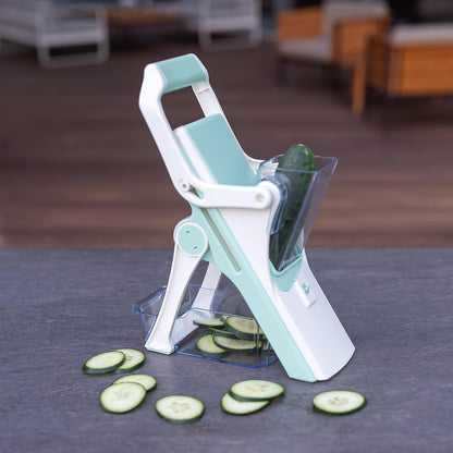 EDI Safe Mandoline Slicer - 5 Interchangeable Blades, Dishwasher Safe, Easy Set-Up - White & Mint Green