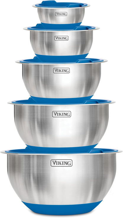 Viking Mixing Bowls Set, 10 Piece Stainless Steel Kitchen Cookware, Non-Slip Silicone Base, Includes Tight Fit Lids, Dishwasher Safe, Black