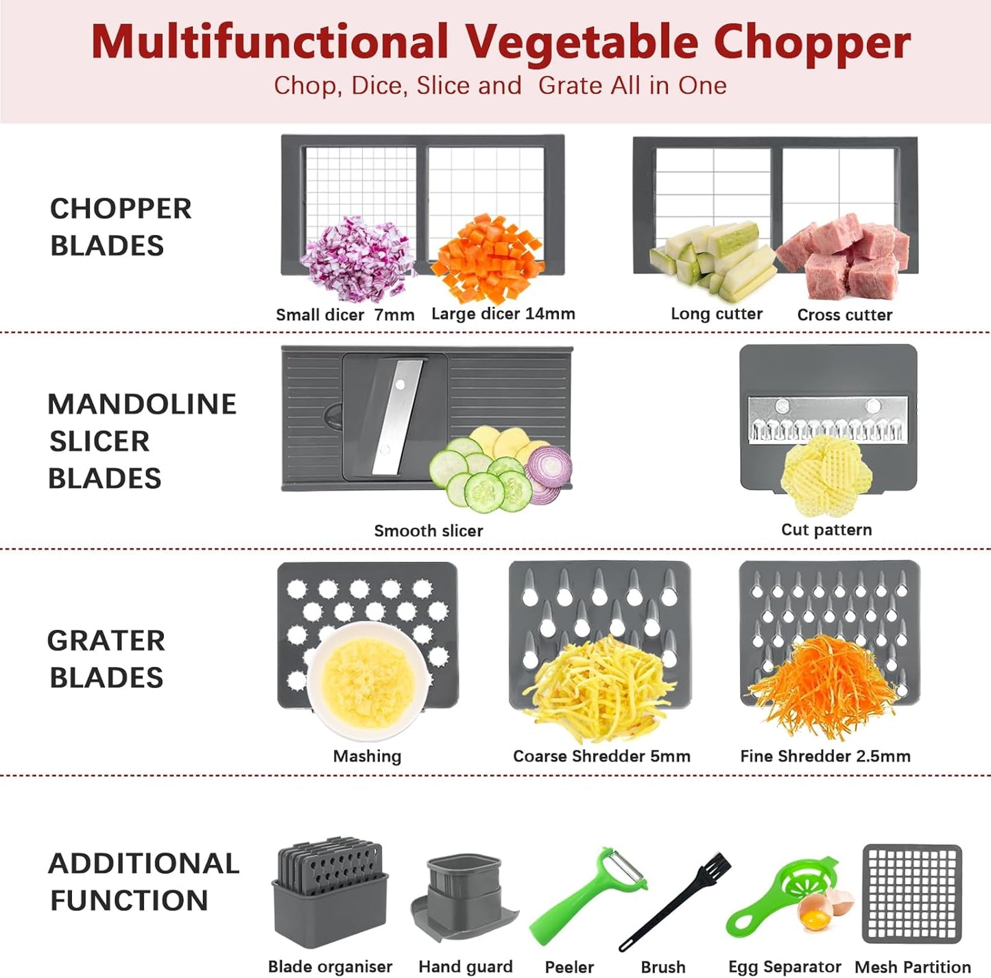 Vegetable Chopper, Onion Chopper Dicer, Mandoline Slicer, Food Chopper with Container, Vegetable Cutter for Salad Potato Carrot Garlic（2 Blades, Black）